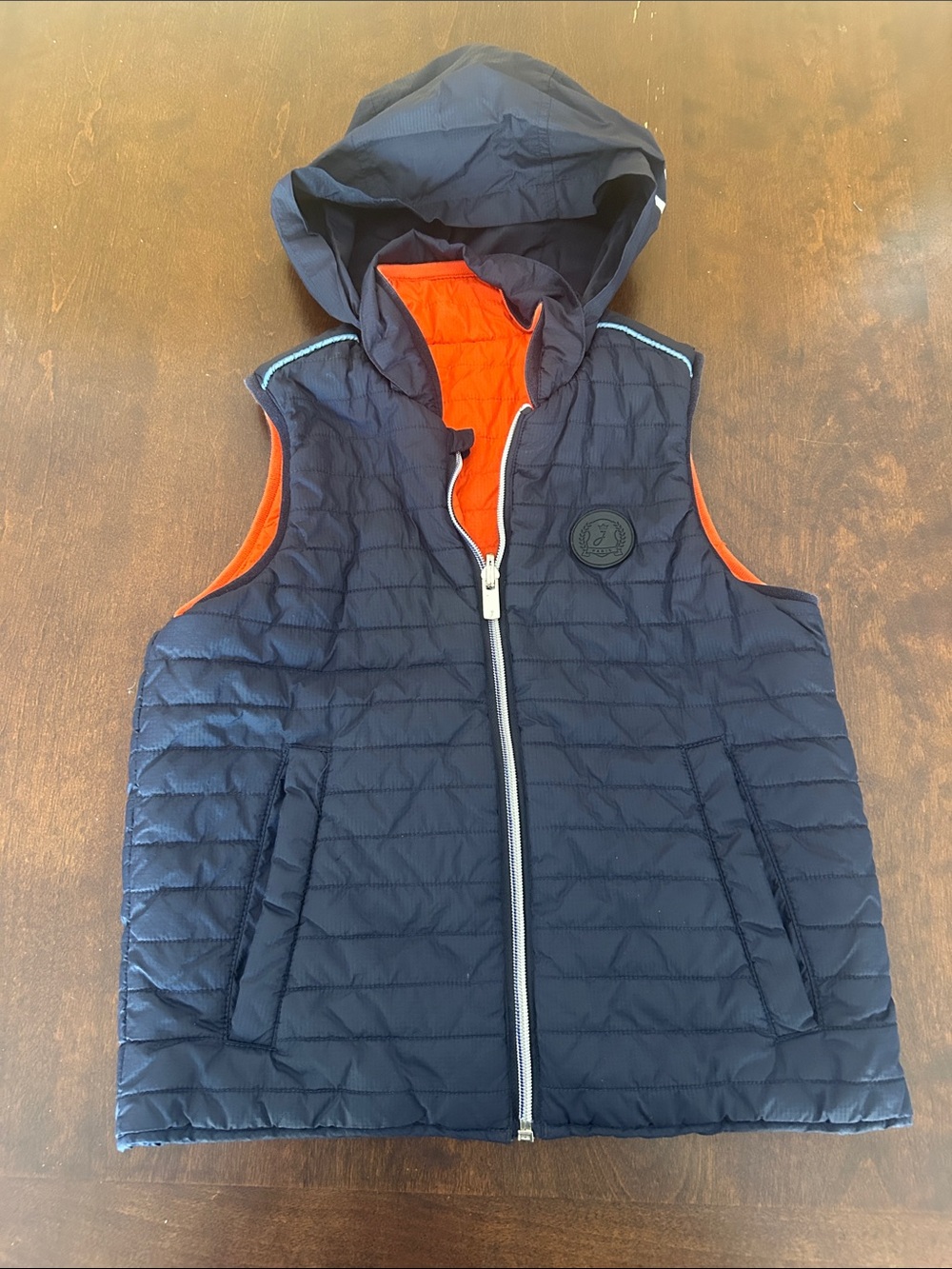 Jacadi Paris Kids Reversible Quilted Hooded Vest - Navy and Orange